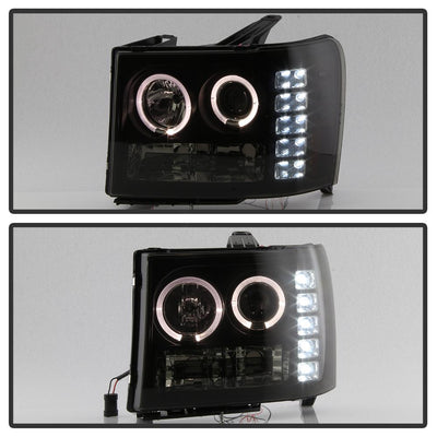 LED Halo Black Smoke Projector Headlights <br>07-13 GMC Sierra 1500 Sierra 2500 HD Sierra 3500 HD