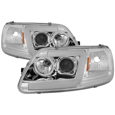 Version 2 Chrome Light Bar DRL Projector Headlights <br>97-03 Ford F-150 97-02 Ford Expedition