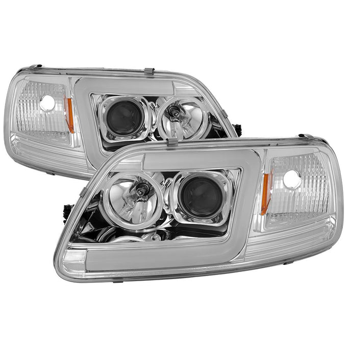 Version 2 Chrome Light Bar DRL Projector Headlights <br>97-03 Ford F-150 97-02 Ford Expedition