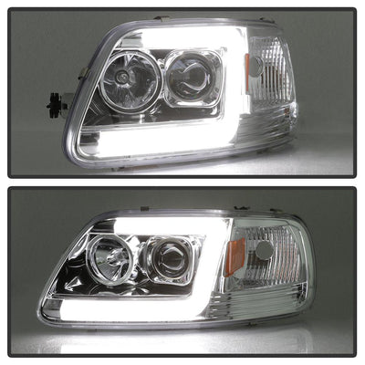Version 2 Chrome Light Bar DRL Projector Headlights <br>97-03 Ford F-150 97-02 Ford Expedition