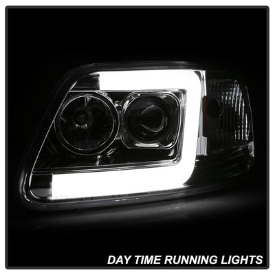 Version 2 Chrome Light Bar DRL Projector Headlights <br>97-03 Ford F-150 97-02 Ford Expedition