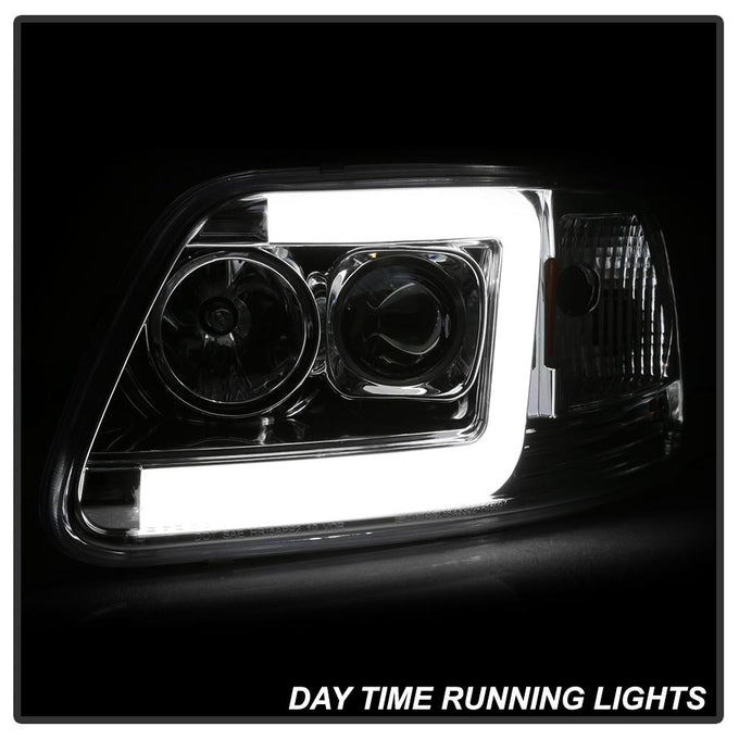 Version 2 Chrome Light Bar DRL Projector Headlights <br>97-03 Ford F-150 97-02 Ford Expedition