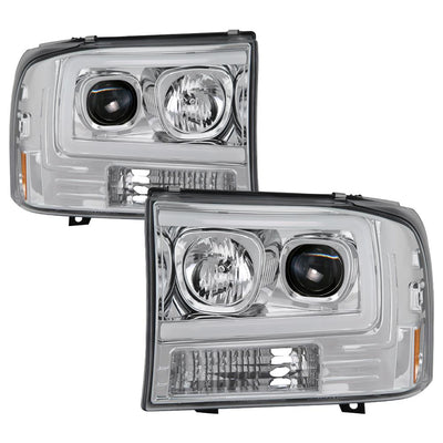 Chrome 1PC Light Bar Projector Headlights <br>99-04 Ford F-250 Super Duty 00-04 Ford Excursion