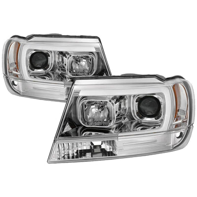 Version 2 Chrome Light Bar Projector Headlights <br>99-04 Jeep Grand Cherokee