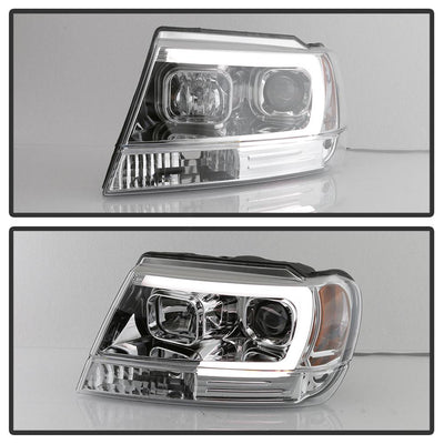 Version 2 Chrome Light Bar Projector Headlights <br>99-04 Jeep Grand Cherokee