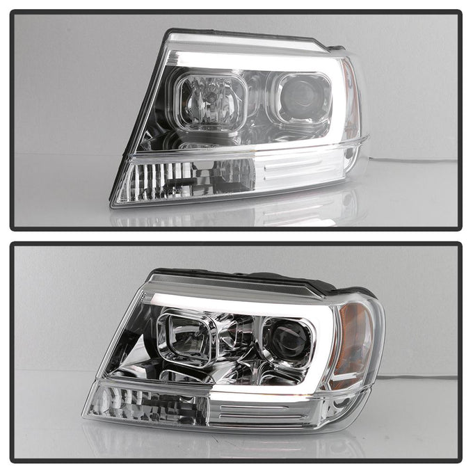 Version 2 Chrome Light Bar Projector Headlights <br>99-04 Jeep Grand Cherokee