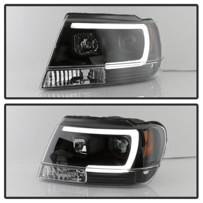 Version 2 Black Light Bar Projector Headlights <br>99-04 Jeep Grand Cherokee