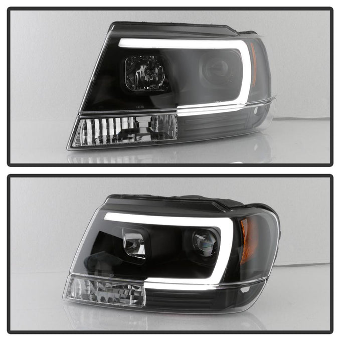 Version 2 Black Light Bar Projector Headlights <br>99-04 Jeep Grand Cherokee
