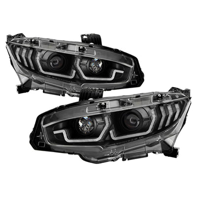 DRL U Black Shape Projector Headlights <br>16-20 Honda Civic