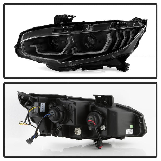 DRL U Black Shape Projector Headlights <br>16-20 Honda Civic