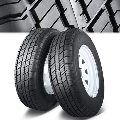 A Pair of 14 in. Trailer Tire & Rim Assemblies<br>5 X 114.3 Bolt Pattern / 84.1mm Centerbore Wheel Hubs