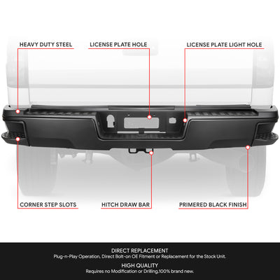 Rear Step Bumper W/License Plate Lights <BR>15-19 Chevy Silverado, GMC Sierra, 2500 HD, 3500 HD