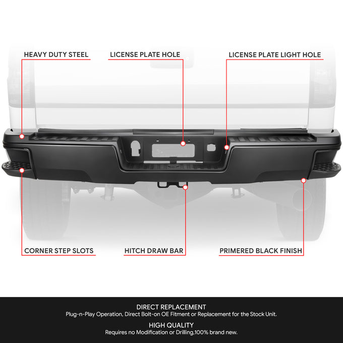 Rear Step Bumper W/License Plate Lights <BR>15-19 Chevy Silverado, GMC Sierra, 2500 HD, 3500 HD