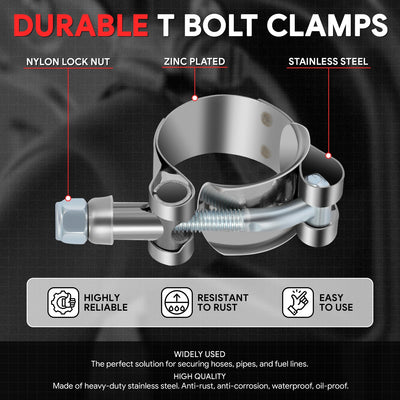 8Pcs 0.75 in. ID Hose T-Bolt Clamps w/L-Wrench <br> 0.875-1.25 in. Adjustable ID