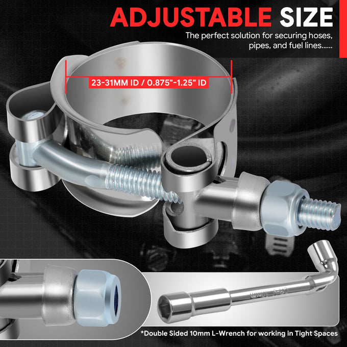 8Pcs 0.75 in. ID Hose T-Bolt Clamps w/L-Wrench <br> 0.875-1.25 in. Adjustable ID