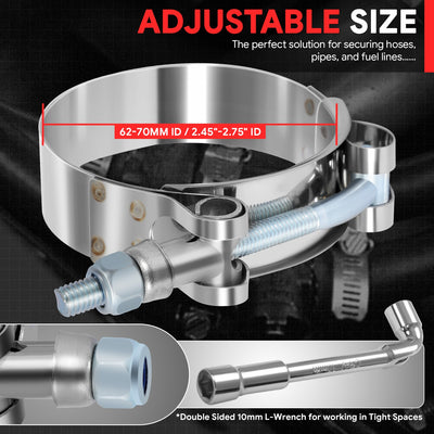 8Pcs 2.25 in. ID Hose T-Bolt Clamps w/L-Wrench <br> 2.45 -2.75 in. Adjustable ID