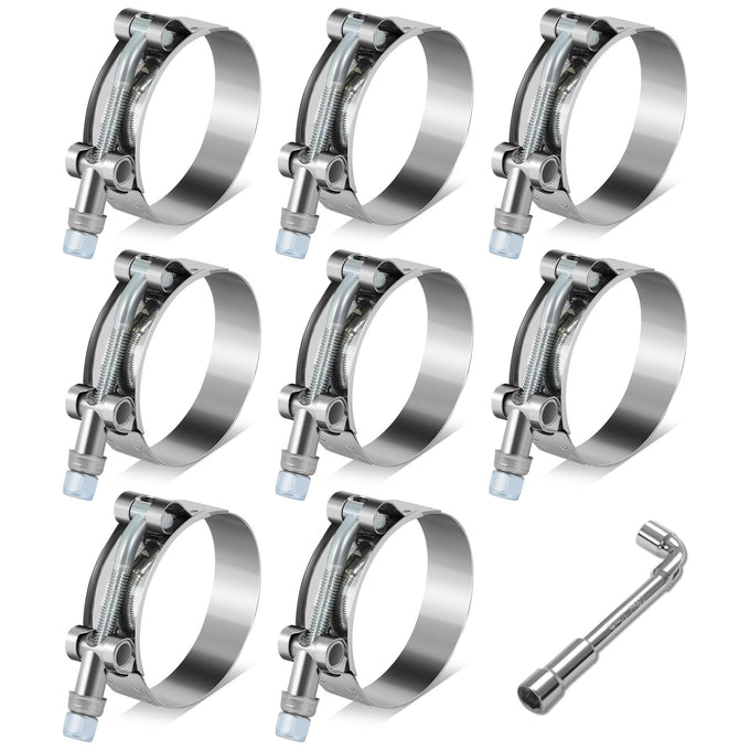 8Pcs 2.25 in. ID Hose T-Bolt Clamps w/L-Wrench <br> 2.45 -2.75 in. Adjustable ID
