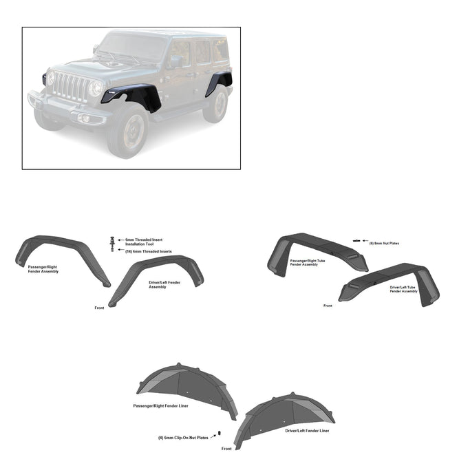 Full Set Tubular& Inner Fender Flares Liners <br>18-23 Jeep Wrangler