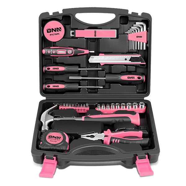46 Pieces Household Hand Tool Kit with Toolbox (Pink)