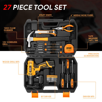 27 Pieces Household Hand Tool Kit with Toolbox (Orange)