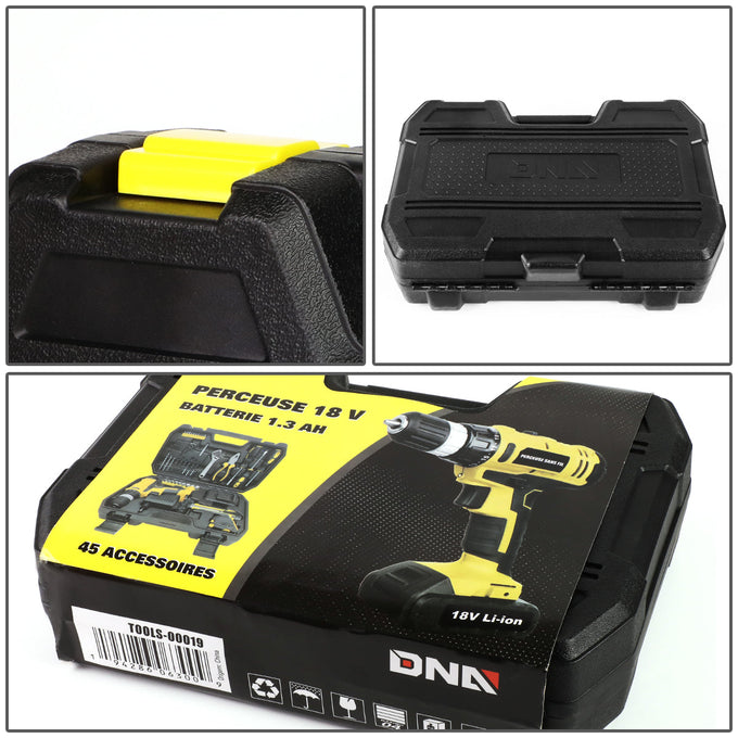 46 Pieces Household Hand Tool Kit with Cordless Drill + Portable Toolbox (Yellow)