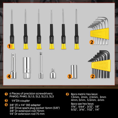 220 Pcs Mechanic Repair Tool Kit Metric Wrenchess/ Sockets/ Screwdriver Bit Set - Yellow