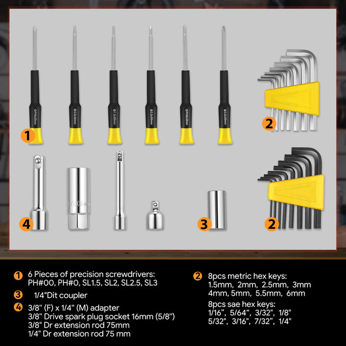 220 Pcs Mechanic Repair Tool Kit Metric Wrenchess/ Sockets/ Screwdriver Bit Set - Yellow
