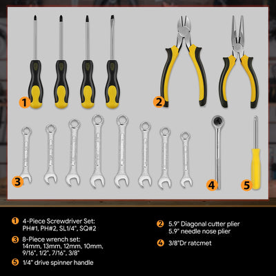 220 Pcs Mechanic Repair Tool Kit Metric Wrenchess/ Sockets/ Screwdriver Bit Set - Yellow