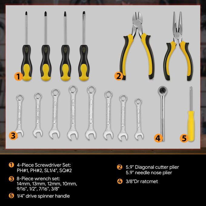 220 Pcs Mechanic Repair Tool Kit Metric Wrenchess/ Sockets/ Screwdriver Bit Set - Yellow