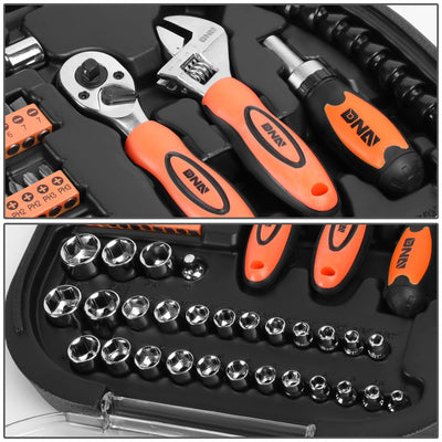 64 Pcs Hand Tool Kit - Adjustable Wrench Bit Screwdriver 11 in. Flexible Extension (Orange)