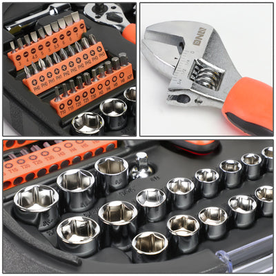 64 Pcs Hand Tool Kit - Adjustable Wrench Bit Screwdriver 11 in. Flexible Extension (Orange)