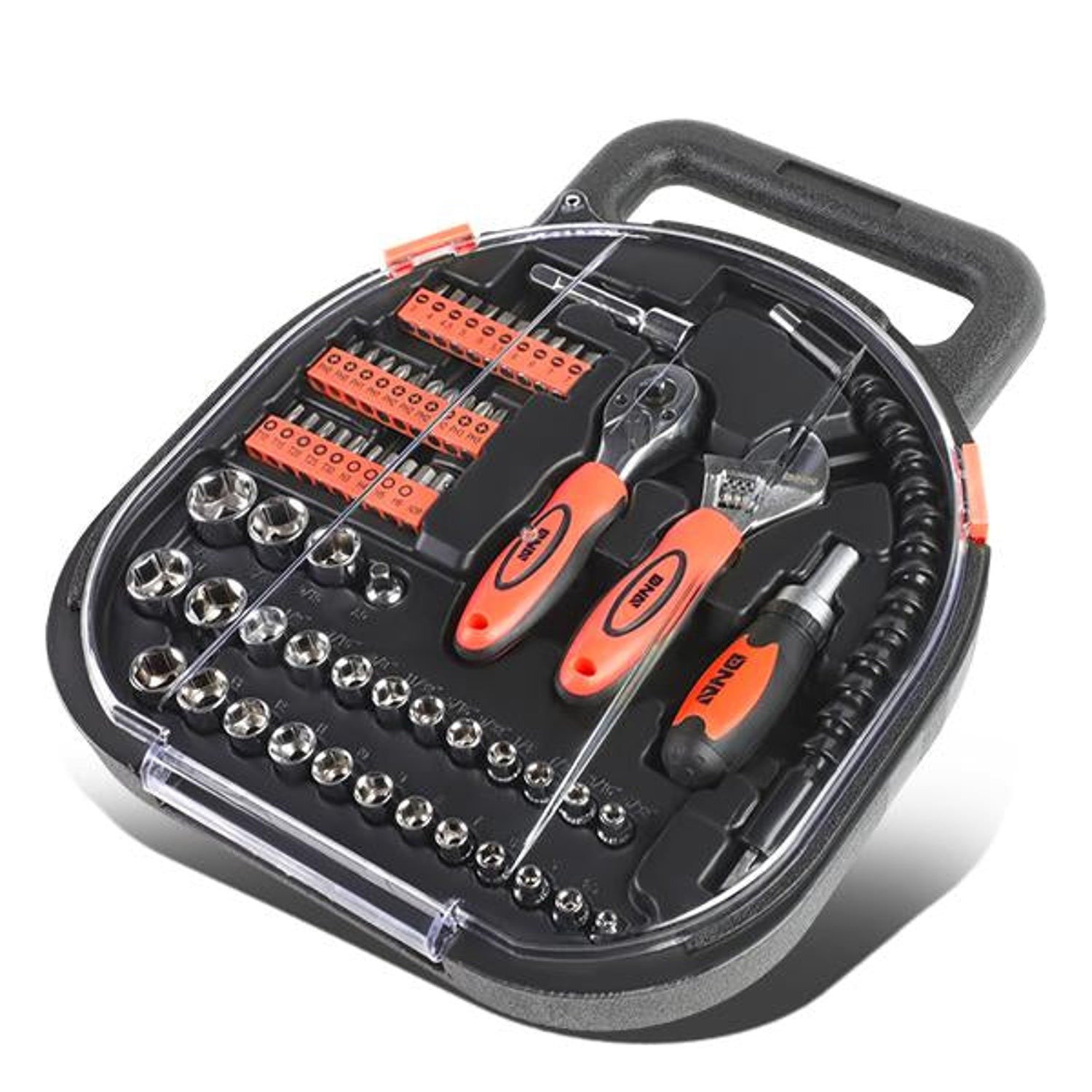 64 Pcs Hand Tool Kit - Adjustable Wrench Bit Screwdriver 11 in. Flexible Extension (Orange)