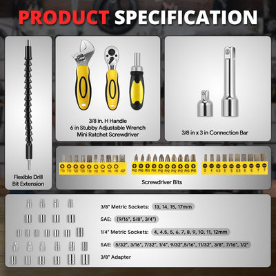 64 Pcs Hand Tool Kit - Adjustable Wrench Bit Screwdriver 11 in. Flexible Extension (Yellow)