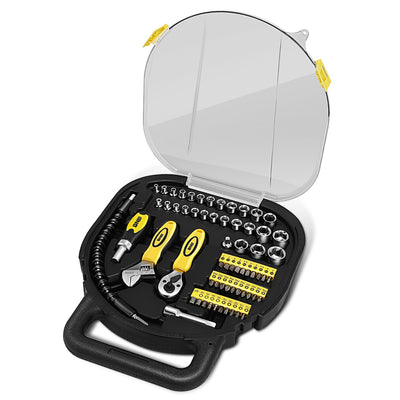 64 Pcs Hand Tool Kit - Adjustable Wrench Bit Screwdriver 11 in. Flexible Extension (Yellow)