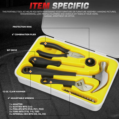 17 Pcs Repair Hand Tool Kit - Hammer Adjustable Wrench Plier Screwdriver Bits - Yellow