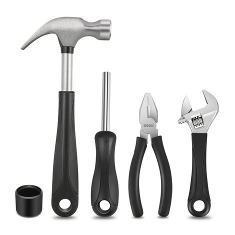 17 Pcs Repair Hand Tool Kit - Hammer Adjustable Wrench Plier Screwdriver Bits - Yellow