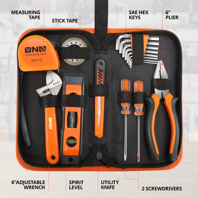16 Pcs Hand Tool Kit - Plier Adjustable Wrench Magnetic Level Tape Measure (Orange)