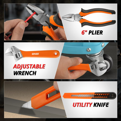 16 Pcs Hand Tool Kit - Plier Adjustable Wrench Magnetic Level Tape Measure (Orange)