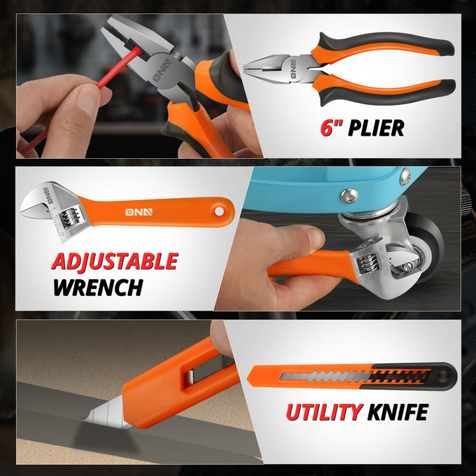 16 Pcs Hand Tool Kit - Plier Adjustable Wrench Magnetic Level Tape Measure (Orange)
