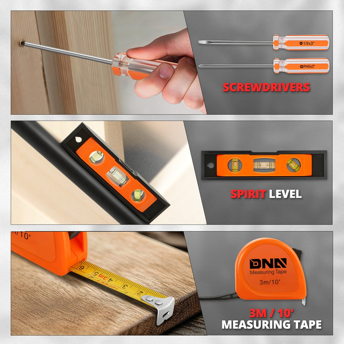 16 Pcs Hand Tool Kit - Plier Adjustable Wrench Magnetic Level Tape Measure (Orange)