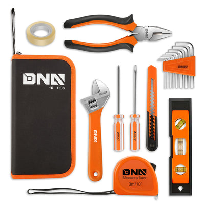 16 Pcs Hand Tool Kit - Plier Adjustable Wrench Magnetic Level Tape Measure (Orange)