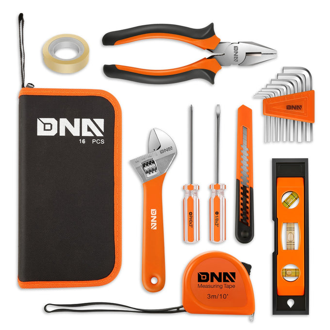 16 Pcs Hand Tool Kit - Plier Adjustable Wrench Magnetic Level Tape Measure (Orange)