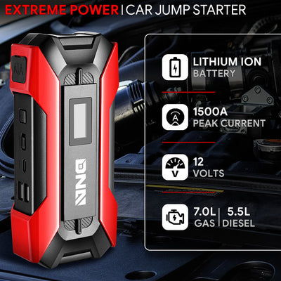 1500 Peak Amp Car Battery Jump Starter with USB Power Bank (Red)