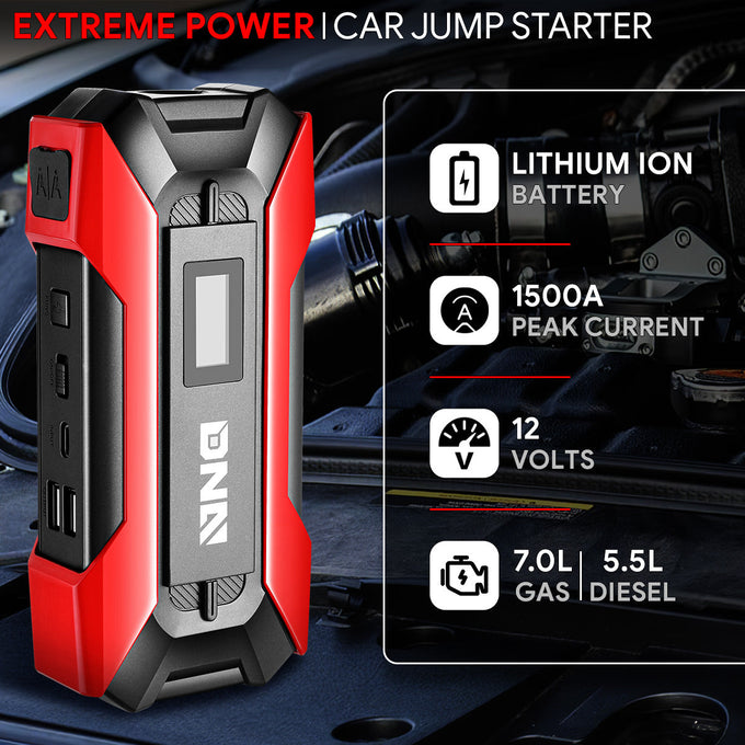 1500 Peak Amp Car Battery Jump Starter with USB Power Bank (Red)