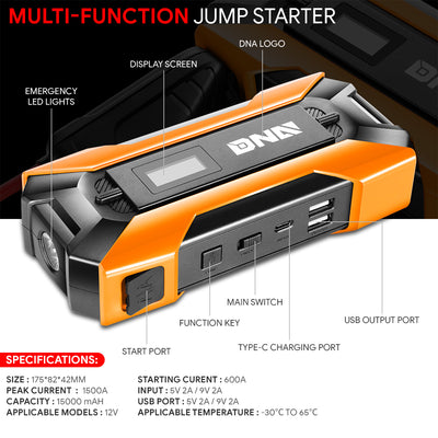 1500 Peak Amp Car Battery Jump Starter with USB Power Bank (Orange)