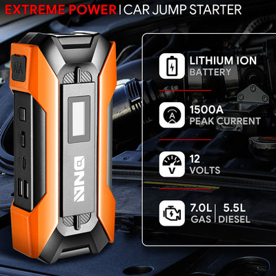 1500 Peak Amp Car Battery Jump Starter with USB Power Bank (Orange)
