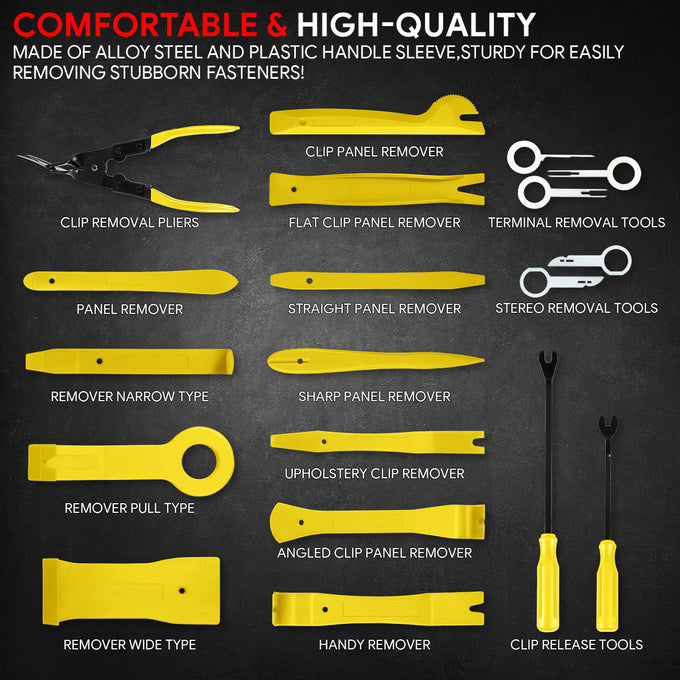 19Pcs Car Radio Door Trim Body Clip Panel Removal Pry Bar Hand Tools (Yellow)
