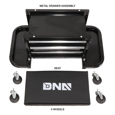 3-Drawer Rolling Mechanics Creeper Seat w/Tool Tray (Black)