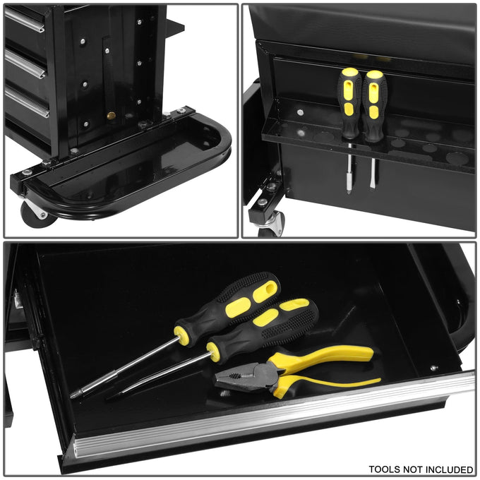 3-Drawer Rolling Mechanics Creeper Seat w/Tool Tray (Black)