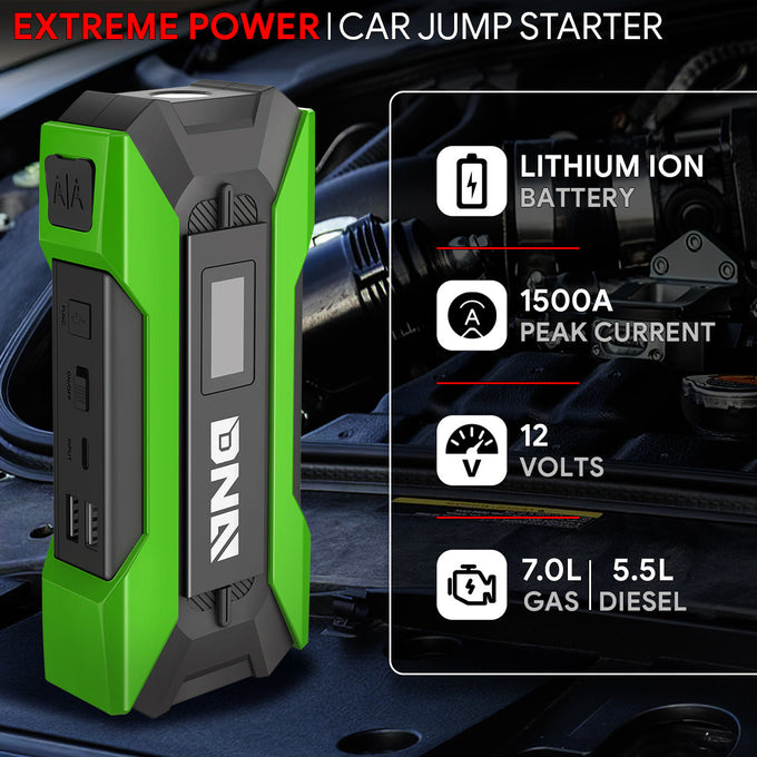 1500 Peak Amp Car Battery Jump Starter with USB Power Bank (Green)